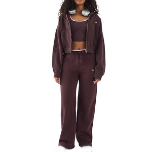 Conjunto de Sudadera con Capucha y Pantalones Anchos de Felpa de Algodón para Mujer, Top Corto con Cremallera, Ajuste Relajado, Ecológico, Marca Privada, Suministro al por Mayor - Product Image 1