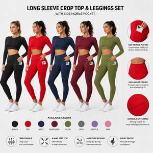 Conjunto de Yoga sin Costuras Personalizado para Mujer, Top Corto de Manga Larga, Leggings de Cintura Alta con Elasticidad en Cuatro Direcciones, Ropa Deportiva para Gimnasio, Fabricante - Product Image 4
