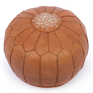 Tan Modern Leather Adjustable Pouf Ottoman Handcrafted Floor Cushion Embroidered Pattern Decorative Seating for Hotel Apartment - Product Image 3