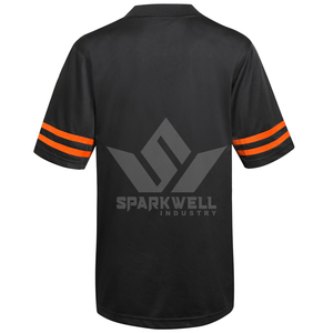 Maillot de football américain sublimé noir et orange pour homme, col en V, manches courtes, maille respirante 100 % polyester, nom d'équipe personnalisé - Product Image 2