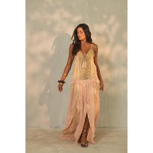 Womens Luxury Pink Elegant V-neck High-Waist 100% Cotton Maxi Dress Ruffles Sleeveless <b>Spaghetti</b> <b>Strap</b> Eco-Friendly Resort Dress - Product Image 1
