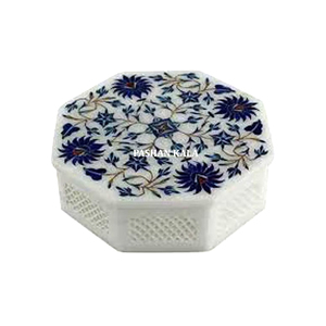 Boîte à bijoux à incrustation octogonale en marbre blanc - Product Image 1