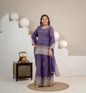 Magnifique ensemble Salwar Kameez pour femme en soie violette gaufrée, brodé romain, séchage rapide, avec Dupatta et Sharara, idéal pour les fêtes - Product Image 1