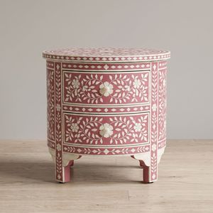 Mesa de Noche Redonda Hecha a Mano con Incrustaciones de Hueso Rosa, 2 Cajones, Patrón Floral, Mueble de Dormitorio de Lujo - Product Image 1