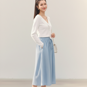 Jupe longue décontractée côtelée vintage pour femme, taille à cordon, 100 % lin, écologique et respirante, pour la vente en gros et les marques privées - Product Image 1