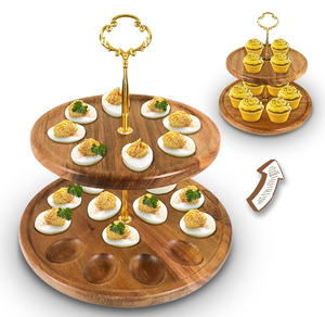Plato de madera para huevos rellenos, de dos niveles, con asa dorada, práctico soporte para huevos - Product Image 1