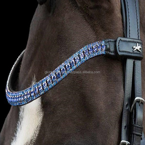 Finest Leather Handmade Horse Bridle Racing Brow Band Decorated With 3 Row Blue <b>Shining</b> Crystals Diamante Bling Brow Band - Product Image 1