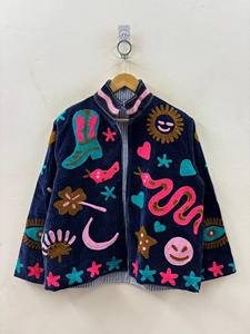 Veste en velours bleu pour femme, brodée, style bohème, motif lune et étoiles, faite main, style folk, manteau occidental - Product Image 1