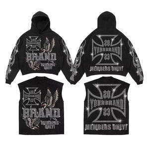 Oversized Men Printed Hooded <b>Flared</b> Sweatpants Custom Full <b>Glitter</b> Rhinestone 100% Cotton Sweatsuit Tracksuit SetsUnisex Black V - Product Image 4