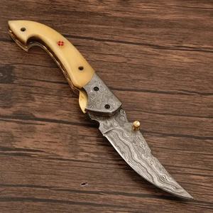 Cuchillo Plegable de Acero de Damasco para Caza y Camping, Hoja Recta con Punta Clip, Mango de Hueso, Grado Industrial 58HRC Pasha - Product Image 3