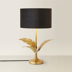 Palm Crest Metal Table Lamp with Decorative Leaf Base Black <b>Drum</b> <b>Shade</b> Brushed Gold Finish Warm Ambient <b>Lighting</b> - Product Image 2