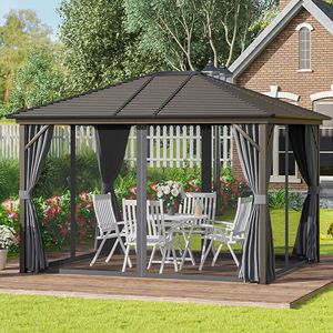Alfresco Aluminum Haven 10'x12' Haven Hardtop Gazebo with Dark <b>Grey</b> Frame and <b>Curtain</b> <b>Netting</b> for Gardens - Product Image 2