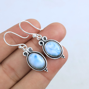 Pendientes Colgantes de Larimar del Caribe, Plata de Ley 925, Hechos a Mano, con Piedra Azul Ovalada, para Mujer - Product Image 6