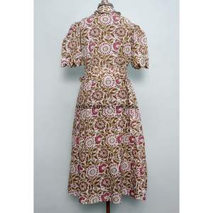 Indian Cotton Floral Block Print Dress <b>Button</b> Down Dress Women's Dressing Gown Casual Dress Print Women short Sleeve Long Length - Product Image 6