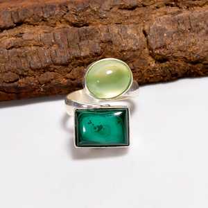 Bague en malachite et préhnite, argent sterling 925, style bohème, bijou fait main, cadeau pour elle - Product Image 5
