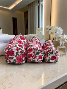 Luxury Red Rose Print 3 Piece Quilted Makeup Pouch Set Cotton Cosmetic <b>Bags</b> for Women Travel <b>Vanity</b> Toiletry Organizer Gift Set - Product Image 4