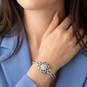 <b>Solid</b> 18k White <b>Gold</b> Natural Blue Sapphire Genuine Diamond Art Deco Vintage Floral Cluster <b>Bangle</b> Milgrain Luxury Fine Jewelry - Product Image 2