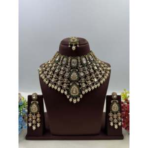 Indian Ethnic Bridal Gold Plated Moissanite Choker Necklace Set with Beading - Product Image 1
