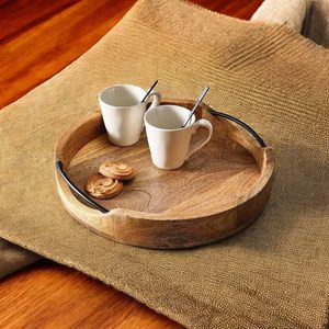 Bandeja Redonda de Madera para Servir de 10 Pulgadas, Plato Rústico Marrón con Asas, Bandeja de Cocina Estilo Granja para Comida y Bebidas, Venta al por Mayor para Exportación - Product Image 6