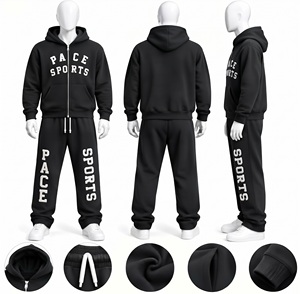 Ensemble survêtement homme en molleton de coton épais vert olive, sweat à capuche et pantalon de jogging, avec logo personnalisé, fermeture éclair intégrale, vente en gros - Product Image 3