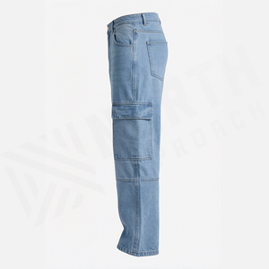 Pantalones Cargo de Cintura Alta para Hombre, Jeans de Mezclilla Azul Claro, Pantalones Utilitarios Lavados con Piedras, Corte Regular, Tela de Algodón para Primavera - Product Image 2