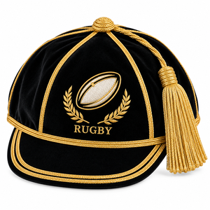 Casquettes d'honneur en velours pour club de rugby avec passepoil métallique doré, tresses et pompons – Casquette d'honneur respirante pour le rugby - Product Image 4