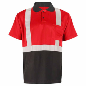 Men's High Visibility Reflective <b>Work</b> Polo Shirt Red <b>Black</b> With Silver Stripes Short Sleeve Polyester Uniform - Product Image 3