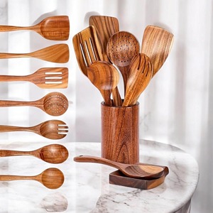 Ensemble d'ustensiles à salade en bois de haute qualité avec cuillères et spatules, écologiques, ustensiles de cuisine manuels - Product Image 2