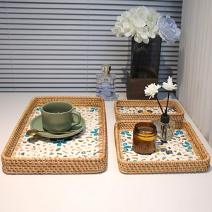 Bandeja de servir de lujo de ratán fabricada en Vietnam con incrustaciones de nácar, diseño floral de mosaico colorido, decoración para el hogar, venta al por mayor - Product Image 2