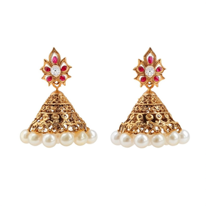 Fine Dangle Earrings Matte Small Jhumki Kamal with Pearls - Product Image 2