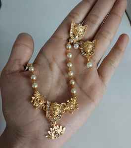 Traditional Temple Ethnic Jewelry <b>Set</b> Gold Plated Imitation <b>Pearl</b> Beads Mala <b>Necklace</b> Earring Religious South Indian Wedding - Product Image 3