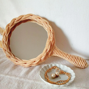 Rattan hand <b>mirror</b> makeup accessory for ladies circle shaped handheld <b>mirrors</b> producer direct price - Product Image 1