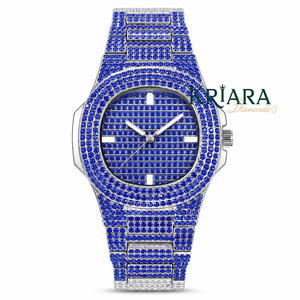 Montre pour homme en acier inoxydable avec diamant bleu moissanite, montre-bracelet à quartz analogique unisexe - Product Image 4