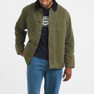 Wholesale Winter Cotton Blended <b>Canvas</b> Custom LOGO Unisex Work <b>Jacket</b> with Stand Collar Pattern Front Button Multi Pockets - Product Image 2