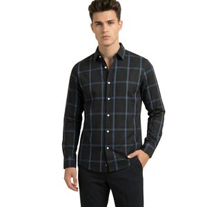 <b>Black</b> Blue Plaid Men Flannel Shirt <b>Long</b> <b>Sleeve</b> Button Checkered Casual Soft Brushed Fabric Everyday Streetwear 100% Cotton - Product Image 1