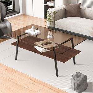 Modern Rectangle Coffee <b>Table</b> with <b>Brown</b> Tempered Glass Top and Black Metal Legs for Living Room - Product Image 3