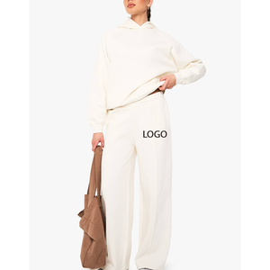 Pantalon de survêtement large décontracté en molleton de coton taille haute pour femme, style streetwear, devant plat, long - Product Image 1