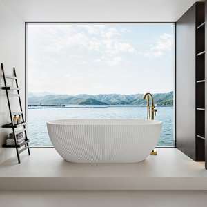 Bañera Ovalada Moderna de Mármol Cultivado con Rayas Verticales, Bañera Independiente de Resina Compuesta Artificial, Ecológica, con Masaje de Aire - Product Image 6