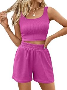 Women's <b>Pink</b> Ribbed <b>Crop</b> <b>Top</b> Shorts Set Lantern Sleeve Hooded Knitted Casual Summer Outfit Breathable Eco-Friendly Cotton Blend - Product Image 5