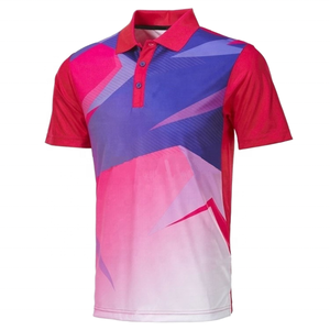 Camiseta Polo Deportiva Personalizada para Hombre, con Degradado Rojo, Azul y Rosa, Diseño Geométrico, Manga Corta, Secado Rápido, Tejido de Poliéster - Product Image 1
