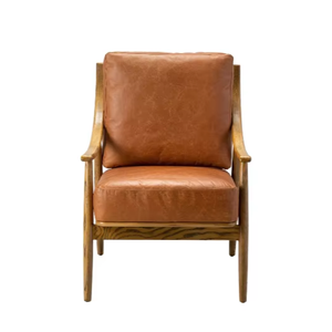 Exquisito Sillón de Estilo Mid-Century con Cuero de Primera Calidad y Estructura de Madera de Roble Natural Tallada - Product Image 1