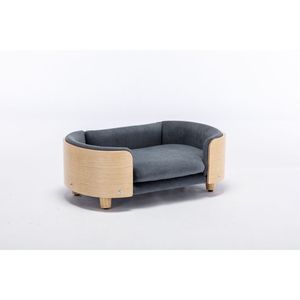 Cama elevada para perros de tamaño mediano, estilo escandinavo, patas de madera maciza, respaldo de madera curvada, cojín de terciopelo gris oscuro, sofá para mascotas - Product Image 2