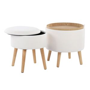 Tessuto crema e gambe in legno naturale portaoggetti in stile ottomano stile contemporaneo con sgabello abbinato - Product Image 3