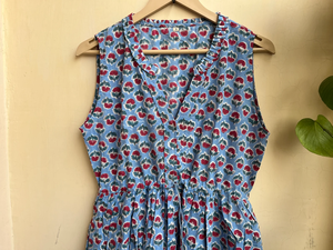 เดรสพิมพ์ลายบล็อกมือแบบฮิตขายดีปี 2026 คอวี แขนกุด สไตล์อินเดีย ผ้าฝ้ายอินเดีย ชุดยาวสำหรับผู้หญิง - Product Image 3