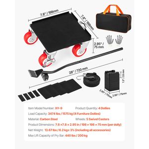 Carrello per Mobili Resistente con Pannello in Acciaio al Carbonio, 5 Ruote Girevoli a 360 Gradi, Carico Massimo 1575 kg, Trasportatore di Mobili - Product Image 3