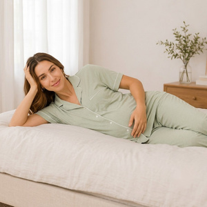 Conjunto de pijama de maternidad para mujer, manga corta, largo completo, algodón, transpirable, color sólido, cuello vuelto, ajuste holgado, ropa de dormir de primavera - Product Image 3