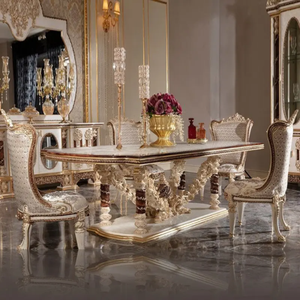 Ensemble de table à manger en bois d'acajou de style classique européen élégant, meubles de salle à manger de luxe sculptés à la main en or ivoire avec buffet - Product Image 1