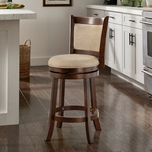 Taburete Giratorio de Madera de Teca con Asiento Tapizado en Lino, Silla Moderna de Altura Media para Barra, Mueble de Interior - Product Image 6