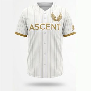 Maillot de baseball personnalisé de qualité supérieure, blanc avec rayures dorées, broderie 3D sur le devant et le dos, pour homme adulte, en polyester respirant - Product Image 5
