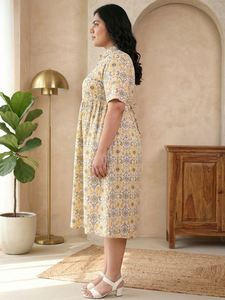 Ensemble de vêtements pour femmes en coton imprimé Ikat, col chemise, jaune, taille plus, robe de maternité, manches courtes, motif tissé décontracté, vêtements de grossesse - Product Image 3